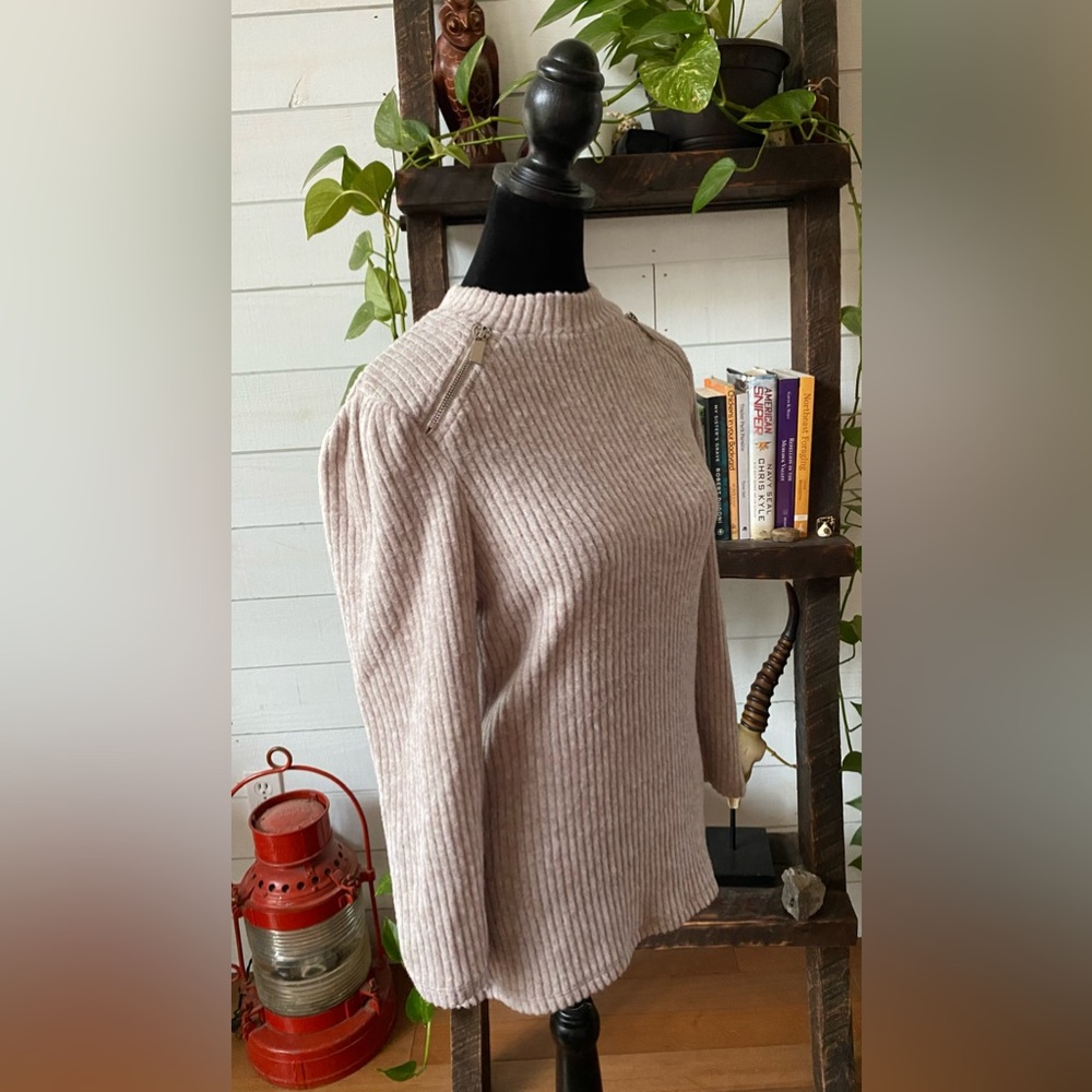 Olivia Blu: Cream Tan Soft Sweater with Zippers at Collar - Picture 9 of 17